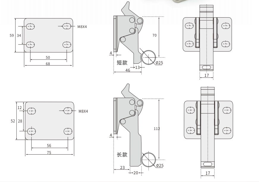 雙聯(lián)動C款方形拉手座長款短款尺寸圖-歐拓